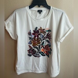 Sequined floral  White Tee with Colorful Floral Design